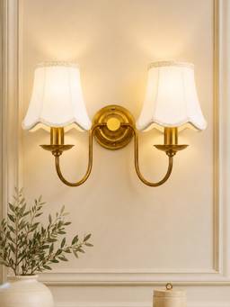 Homesake - Brass Gold Double Wall Light With Pleated Fabric Shades E27 Holder White