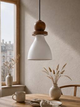 Homesake - Modern White Metal Hanging Ceiling Lamp With Mango Wood