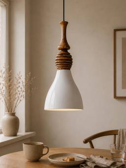 Homesake - Modern White Metal Hanging Ceiling Lamp With Mango Wood