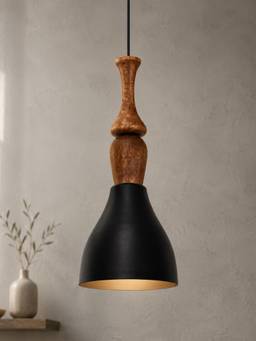 Homesake - Modern Black Metal Hanging Ceiling Lamp With Mango Wood