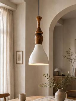 Homesake - Modern White Metal Hanging Ceiling Lamp With Mango Wood