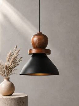Homesake - Modern Black Metal Hanging Ceiling Lamp With Mango Wood