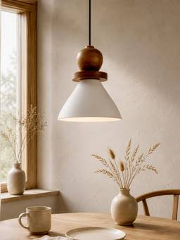 Homesake - Modern White Metal Hanging Ceiling Lamp With Mango Wood