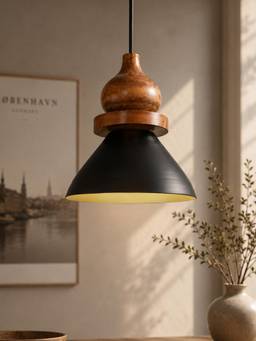 Homesake - Modern Black Metal Hanging Ceiling Lamp With Mango Wood