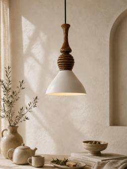 Homesake - Modern White Metal Hanging Ceiling Lamp With Mango Wood