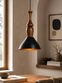 Homesake - Modern Black Metal Hanging Ceiling Lamp With Mango Wood