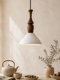 Homesake - Modern White Metal Hanging Ceiling Lamp With Mango Wood