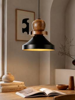 Homesake - Modern Black Metal Hanging Ceiling Lamp With Mango Wood