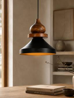 Homesake - Modern Black Metal Hanging Ceiling Lamp With Mango Wood