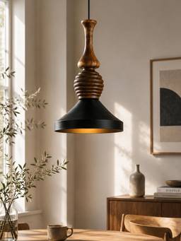 Homesake - Modern Black Metal Hanging Ceiling Lamp With Mango Wood