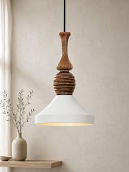 Homesake - Modern White Metal Hanging Ceiling Lamp With Mango Wood