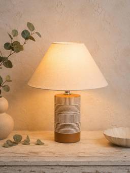 Homesake - Artisan Cylinder Ceramic Table Lamp With Fabric Shade Khadi Cone