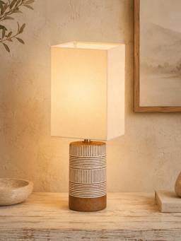 Homesake - Artisan Cylinder Ceramic Table Lamp With Fabric Shade Flower