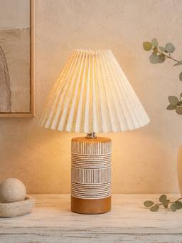 Homesake - Artisan Cylinder Ceramic Table Lamp With Fabric Shade Brown, Pleated Khadi