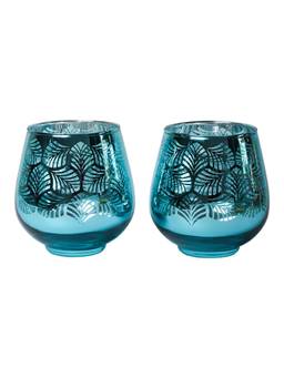 Voncasa - Blue & Gold Toned 2 Pieces Textured Glass T-Light Candle Holders (Pack of 2)