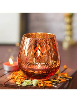 Voncasa - Pink & Gold Toned 2 Pieces Printed Glass Candle Holders (Pack of 2)