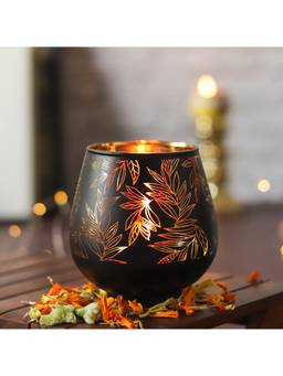 Voncasa - Black & Gold Toned 2 Pieces Textured Glass T-Light Candle Holders (Pack of 2)