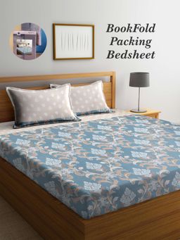 ARRABI - Beige Graphic Cotton Blend Book Fold Bedsheet With 2 Pillow Covers (Super King)