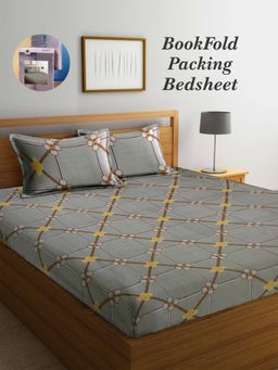 ARRABI - Grey Graphic Cotton Blend Book Fold Bedsheet With 2 Pillow Covers (Super King)