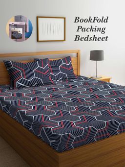 ARRABI - Blue Geometric Cotton Blend Book Fold Bedsheet With 2 Pillow Covers (King)