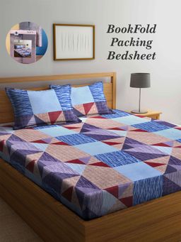 ARRABI - Multi-Color Geometric Cotton Blend Book Fold Bedsheet With 2 Pillow Covers (King)