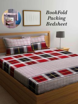 ARRABI - Multi-Color Checks Cotton Blend Book Fold Bedsheet With 2 Pillow Covers (Super King)