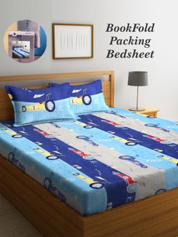 ARRABI - Multi-Color Cartoon Cotton Blend Book Fold Bedsheet With 2 Pillow Covers (King)