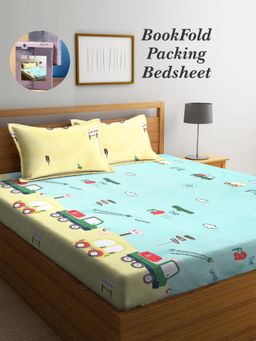 ARRABI - Multi-Color Cartoon Cotton Blend Book Fold Bedsheet With 2 Pillow Covers (King)