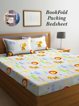 ARRABI - Multi-Color Cartoon Cotton Blend Book Fold Bedsheet With 2 Pillow Covers (King)