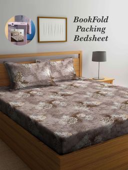ARRABI - Brown Floral Cotton Blend Book Fold Bedsheet With 2 Pillow Covers (King)