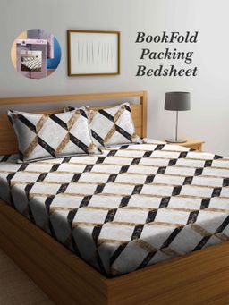 ARRABI - Brown Geometric Cotton Blend Book Fold Bedsheet With 2 Pillow Covers (King)