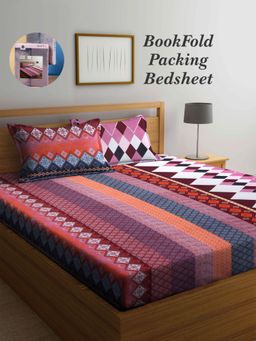 ARRABI - Multi-Color Indian Cotton Blend Book Fold Bedsheet With 2 Pillow Covers (King)