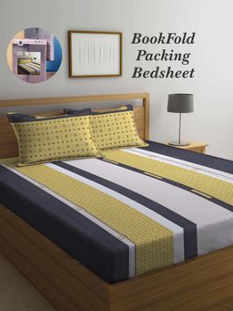 ARRABI - Multi-Color Stripes Cotton Blend Book Fold Bedsheet With 2 Pillow Covers