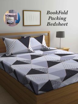 ARRABI - Grey Geometric Cotton Blend Book Fold Bedsheet With 2 Pillow Covers (Super King)