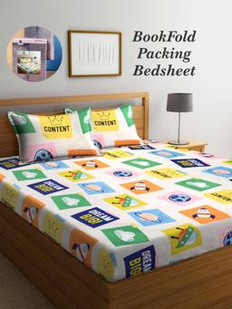 ARRABI - Multi-Color Cartoon Cotton Blend Book Fold Bedsheet With 2 Pillow Covers (King)