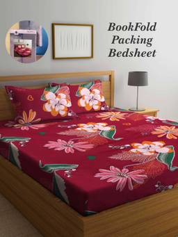 ARRABI - Red Floral Cotton Blend Book Fold Bedsheet With 2 Pillow Covers (King)