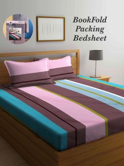 ARRABI - Multi-Color Stripes Cotton Blend Book Fold Bedsheet With 2 Pillow Covers (King)