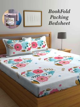 ARRABI - Multi-Color Floral Cotton Blend Book Fold Bedsheet With 2 Pillow Covers (King)