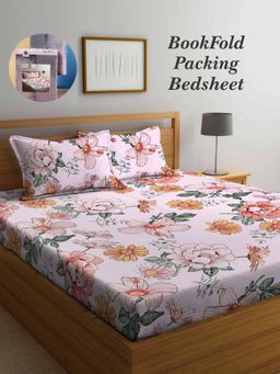 ARRABI - Pink Floral Cotton Blend Book Fold Bedsheet With 2 Pillow Covers (King)