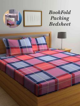 ARRABI - Multi-Color Checks Cotton Blend Book Fold Bedsheet With 2 Pillow Covers (King)