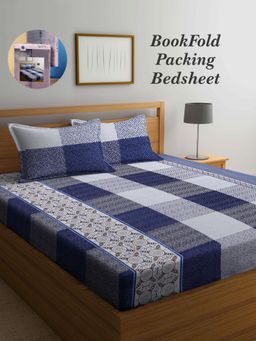 ARRABI - Blue Indian Cotton Blend Book Fold Bedsheet With 2 Pillow Covers (Super King)