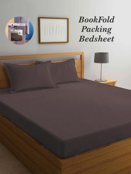 ARRABI - Brown Stripes Cotton Blend Book Fold Bedsheet With 2 Pillow Covers (King)