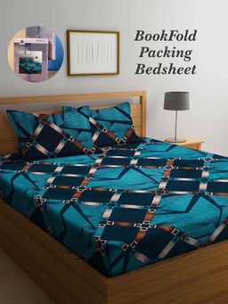 ARRABI - Blue Geometric Cotton Blend Book Fold Bedsheet With 2 Pillow Covers (King)