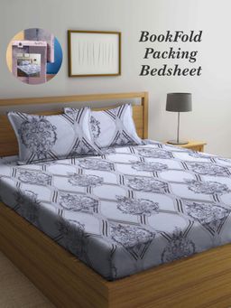 ARRABI - Grey Indian Cotton Blend Book Fold Bedsheet With 2 Pillow Covers