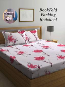 ARRABI - Beige Floral Cotton Blend Book Fold Bedsheet With 2 Pillow Covers