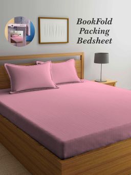 ARRABI - Pink Stripes Cotton Blend Book Fold Bedsheet With 2 Pillow Covers (King)