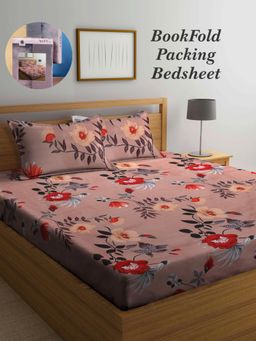 ARRABI - Brown Floral Cotton Blend Book Fold Bedsheet With 2 Pillow Covers (Super King)