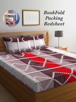 ARRABI - Multi-Color Geometric Cotton Blend Book Fold Bedsheet With 2 Pillow Covers (King)
