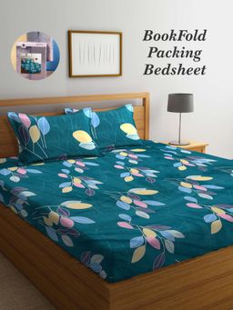 ARRABI - Green Leaf Cotton Blend Book Fold Bedsheet With 2 Pillow Covers (Super King)