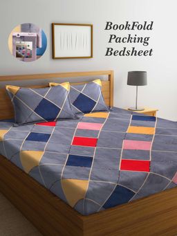 ARRABI - Grey Geometric Cotton Blend Book Fold Bedsheet With 2 Pillow Covers (Super King)